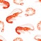 Shrimp seamless pattern. Red shrimp peeled and in shell isolated on a white background.