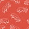 Shrimp seamless pattern. Seafood red background.