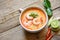 Shrimp soup bowl, seafood soup with shrimps prawns in the restaurant, Traditional thai cuisine spicy shrimp soup curry Thai food,