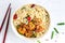 Shrimp on Top of Chow Mein in a Bowl on White Background Top Down Flat Lay Horizontal Photo