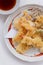 Shrimp and Vegetable Sweet Potato, Scallion and Daikon Tempura Served with Tentsuyu, Mince Daikon and Lemon