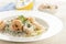 Shrimps in a creamy sauce with pasta