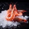 Shrimps. Fresh Prawns on a Black Background. Seafood on crashed ice, dark background, top view, preparing healthy food, cooking,