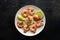 Shrimps, overhead flat lay shot. Fried shrimp with lime on a plate