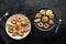 Shrimps, overhead flat lay shot. Fried shrimp with lime, two plates