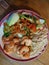 Shrimps with rice and bok choy