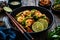 Shrimps, rice noodles, broccoli and shimeji mushrooms on wooden table