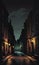 Shrouded Urbanity: Dimly Lit Street, Obscure Cityscape, and Enigmatic Building