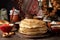 Shrovetide Maslenitsa Butter Week festival meal. Stack of russian pancakes blini