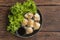 Shumai shrimp with sauce, Steamed shrimp dumplings dim or dim sum and vegetable on wooden table, Cantonese Dimsum food cuisine for