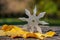 Shuriken throwing star, traditional japanese ninja cold weapon stuck in wooden background