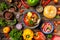 Shurpa soup in plate with oriental ornament, wooden background. Top view. traditional Asian, Uzbek, Middle East soup with beef or