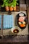 Shushi Japanese Food and salad roll on wooden table