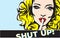 Shut up gesture woman pop art, shhh woman, woman with finger on lips, silence gesture, pop art style banner,