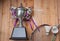 Shuttlecocks, rackets and badminton trophy