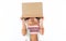 Shy anonymous girl standing with her face hidden under a cardboard box, wearing summer teen outfit and bright