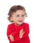 Shy baby with two years wearing red t-shirt