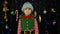 Shy shamed child girl in Christmas elf Santa helper costume posing looking camera making funny faces