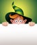 Shy wizard boy hiding, holding blank message card, Halloween banner illustration