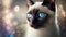 Siamese Cat Medium Shot White Pink Blue Magical Fantasy Bokeh. Generative AI