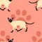 Siamese cat seamless pattern background with paw print. Cartoon cat kitten background. Hand drawn childish vector illustration.