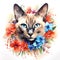 A siamese or wichienmaat cat head and beautiful tropical flowers on white background. Mammals. Pet. Animals.