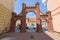 Sianow, pomorskie / Poland - August, 14, 2020: Brick gate built between tenement houses