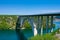 Sibenik Bridge across canyon of the Krka River. Panoramic view towards Scradin town