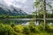 Siberia. Beautiful green fog lake in the forest. Buryatia