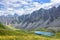 Siberian alpine tundra against backdrop of mountain range