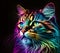 Siberian cat kitten kitty in abstract, graphic highlighters lines rainbow ultra-bright neon artistic portrait