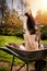 Siberian husky dog sits in garden wheelbarrow in the garden and smiles.
