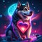 Siberian Husky hugging heart Siberian Husky dog with heart. Vector illustration in neon style. Generative AI animal ai