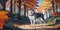 Siberian husky runs along the road in the autumn mountain park, yellow and red foliage