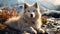 Siberian husky sitting in the nature, melting snow around and spring flowers, blooming season, sun, spring colors.