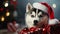 Siberian Husky small dog Christmas portrait with Christmas gifts. Siberian Husky. Christmas holidays with dogs banner poster. AI