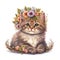 Siberian kitten in a floral crown made of spring flowers. Cartoon character for postcard, birthday, nursery decor.