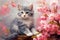 Siberian kitten and sakura background. Digital painting. Little cute kitten on a background of pink flowers.