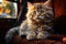 Siberian kitten travels in a train carriage