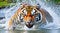 Siberian tiger, Panthera tigris altaica, low angle photo direct face view, running in the water directly at camera with water