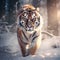 Siberian tiger in snow birch Amur tiger sitting in Tiger in wild winter nature