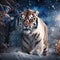 Siberian tiger in snow birch Amur tiger sitting in Tiger in wild winter nature