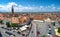 Sibiu skyline, Transylvania, Romania. Panoramic view of the Small Square (Piata Mica) with the old Catholic Cathedral and