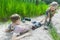 Sibling children playing on beach dune and burying each other in white sand at pinewood background