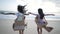 sibling and girl friend playing with cardboard airplane and car on the beach