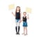 Sibling sisters holding hands, blank posters