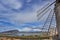 Sicilian landscape with mountain and city Erice and blades or sails of old stone windmill