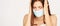 Sick beauty white girl with protective mask. Pandemic quarantine corona virus