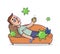 Sick boy lying in bed flat with viruses flying around him. Child with viral disease cartoon character. Coronavirus world