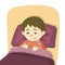 Sick child boy lying in bed with a thermometer in mouth and feel so bad with fever, cartoon illustration